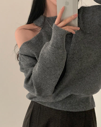 Retro Crew Neck Hollow Out Shoulder-baring Loose Sweater