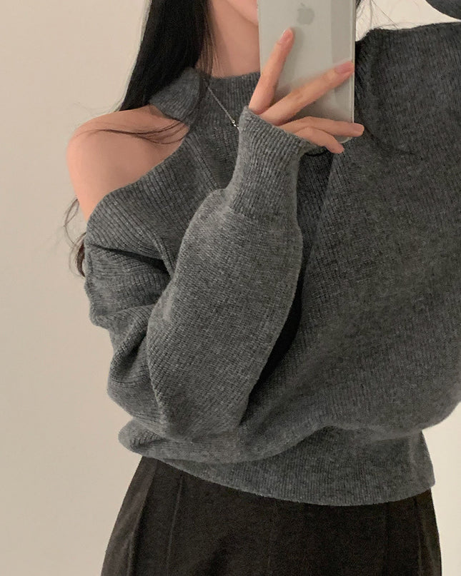 Retro Crew Neck Hollow Out Shoulder-baring Loose Sweater
