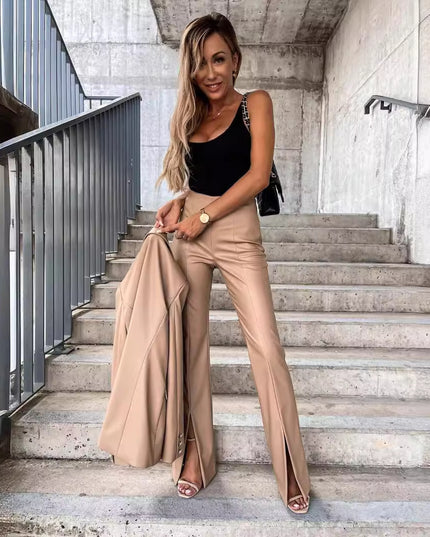 Fashionable Elegant Slim Fit Casual Slit Leather Pants Women