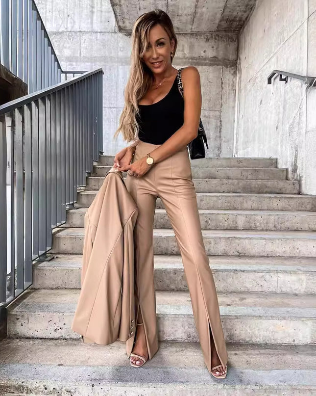 Fashionable Elegant Slim Fit Casual Slit Leather Pants Women
