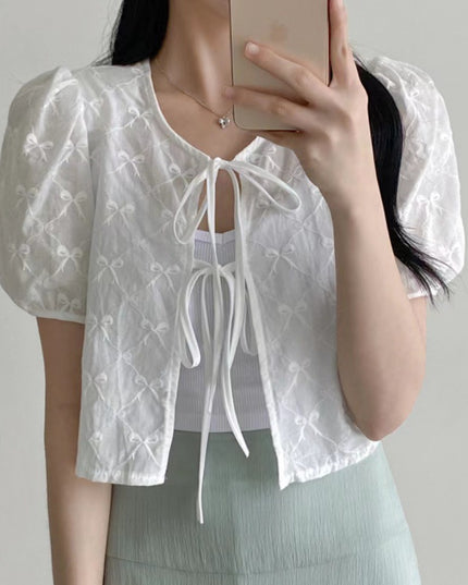 Chic Lace-up Crocheted Short-sleeved Blouse Shirt