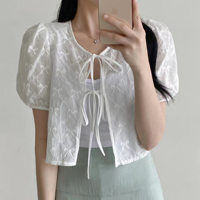 Chic Lace-up Crocheted Short-sleeved Blouse Shirt
