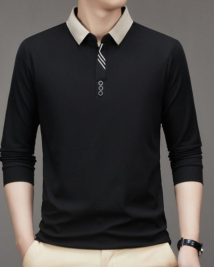 New Men's Autumn Business Fit Solid Color Polo Collar Bottoming Shirt