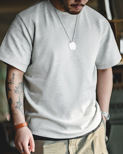 Waffle Round Neck Knitted Short Sleeve T-shirt Half Sleeve Bottoming Shirt