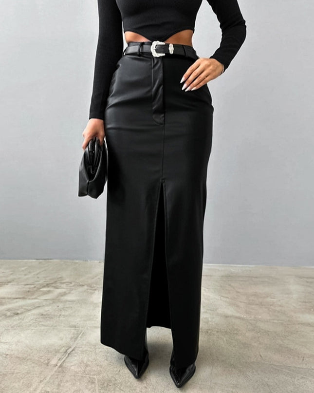 Leather Design Split Solid Color High Waist Simple Skirt