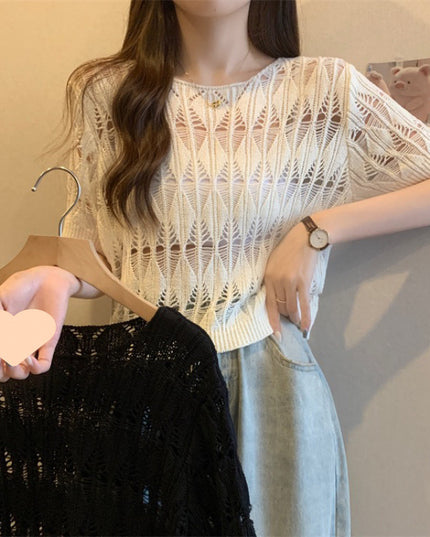 Hollow-out Ice Silk Sweater Short Sun-drying Shirt Top Short Sleeve