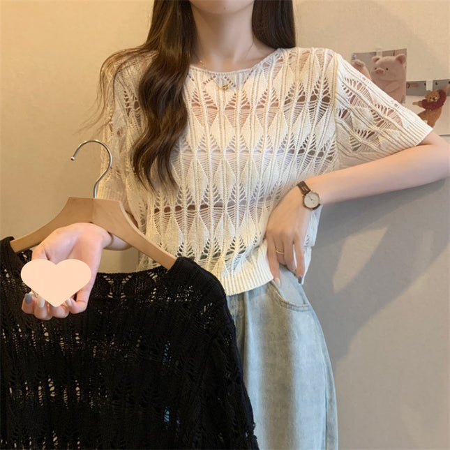 Hollow-out Ice Silk Sweater Short Sun-drying Shirt Top Short Sleeve