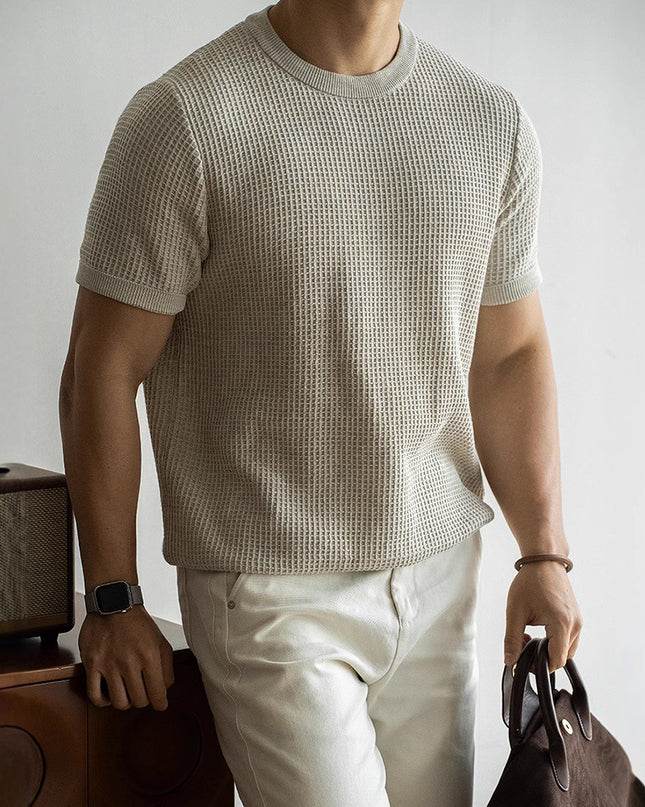 American Retro Waffle Drape Round Neck Short Sleeve T-shirt