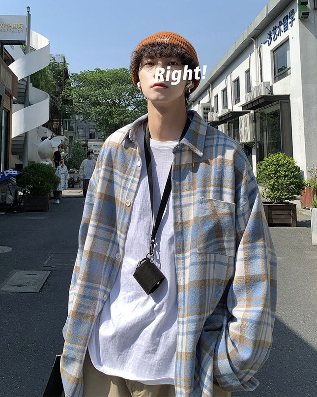 Early Autumn Long Sleeves Woolen Plaid Shirt For Men