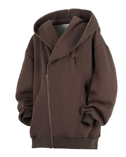 Oblique Zipper Hooded Cardigan Sweater Baggy Coat