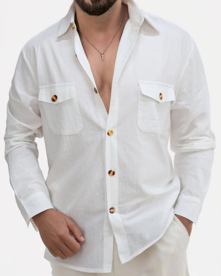 Casual Loose V-neck Solid Color Top Button Chest Pocket Shirt