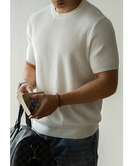 American Retro Waffle Drape Round Neck Short Sleeve T-shirt