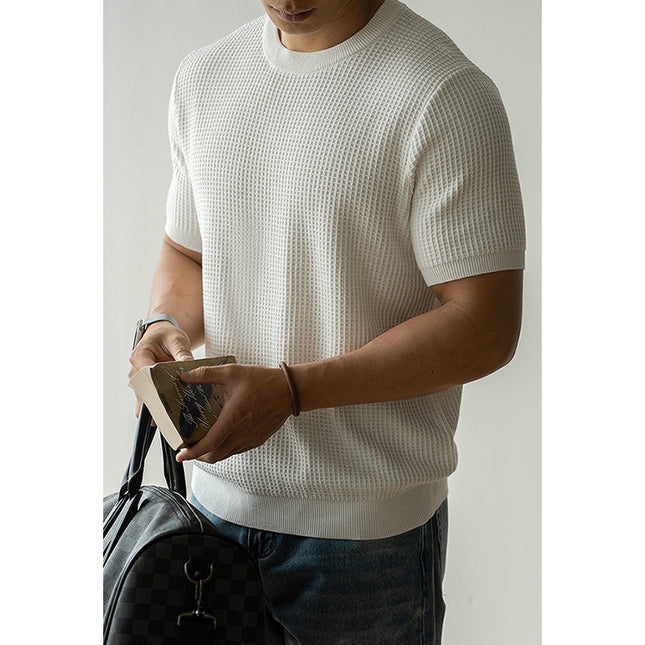 American Retro Waffle Drape Round Neck Short Sleeve T-shirt