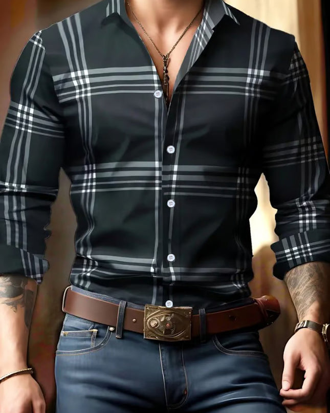 3D Digital Printing Striped Plaid Men's Long Sleeve Shirt