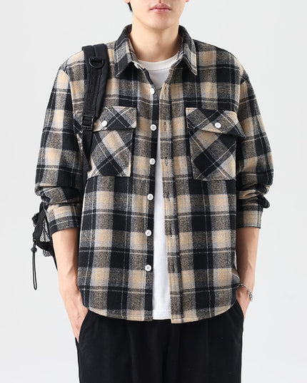 Brushed Plaid Long Sleeve Shirt Men