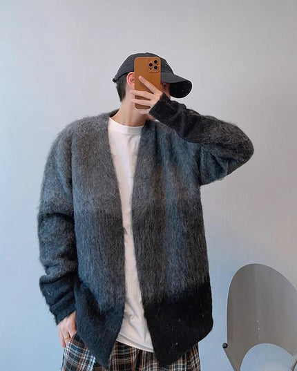 Retro Easy Matching Gradual Change From Black To Gray Brushed Cardigan Without Buckle