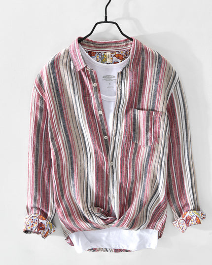 Spring And Summer New Men's Casual Linen Striped Shirt