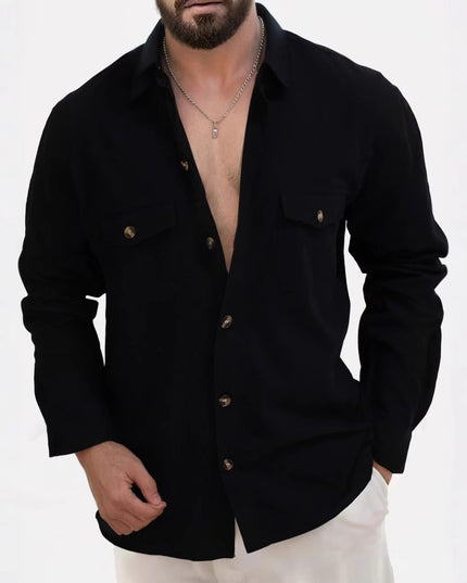 Casual Loose V-neck Solid Color Top Button Chest Pocket Shirt