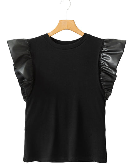 Pullover Women's Mesh Stitching Ruffle Cotton Short Sleeve Solid Color T-shirt