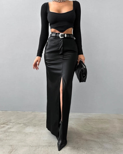 Leather Design Split Solid Color High Waist Simple Skirt