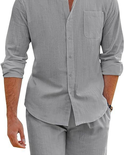 Men's Summer Two-piece Polyester Button Shirt Long Sleeve Shorts