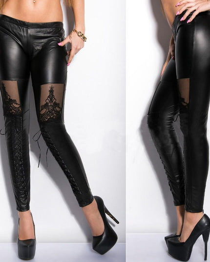 Jacquard Lace Stitching Casual Women's Base Leather Pants