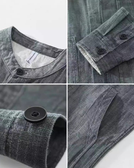 Men's Solid Color Ramie Stand Collar Retro Casual Coat Shirt