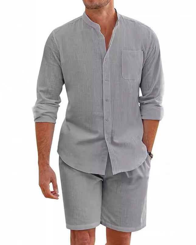 Men's Summer Two-piece Polyester Button Shirt Long Sleeve Shorts