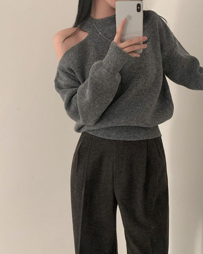 Retro Crew Neck Hollow Out Shoulder-baring Loose Sweater
