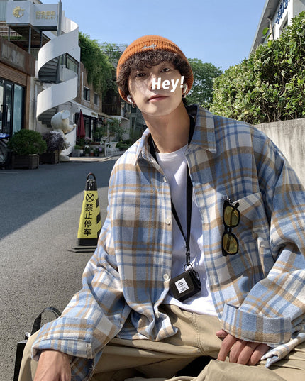 Early Autumn Long Sleeves Woolen Plaid Shirt For Men