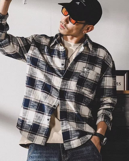 Retro Plaid Shirt Men's Long Sleeve Loose All-matching