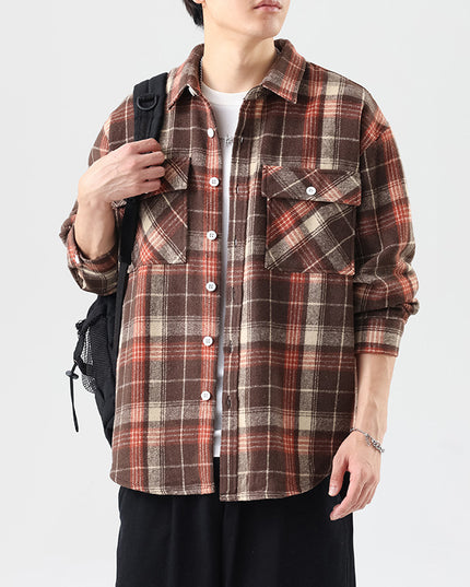 Brushed Plaid Long Sleeve Shirt Men