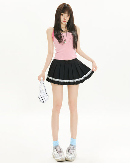 Sweet All-matching Bow Lace Stitching Half-length Pleated Skirt