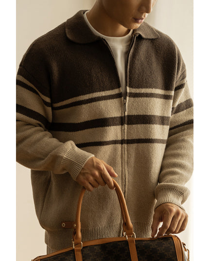 Young Contrast Color Striped Lapel Sweater Men's Casual Zipper