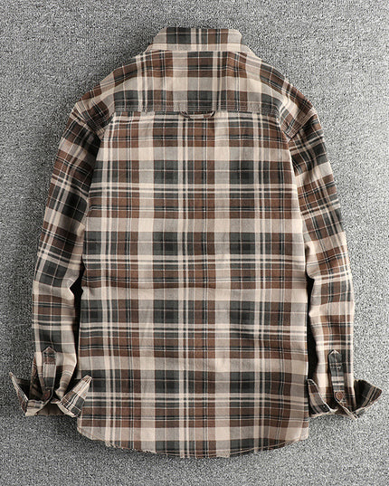 Thick Texture Washed Fashionable Plaid Long-sleeved Shirt For Men