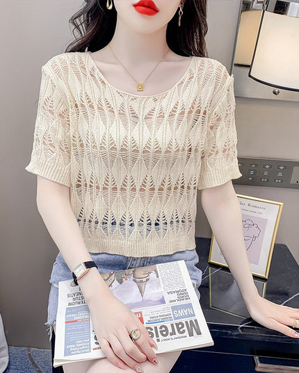 Hollow-out Ice Silk Sweater Short Sun-drying Shirt Top Short Sleeve