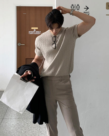 Casual Pure Color All-matching Knitted T-shirt For Men