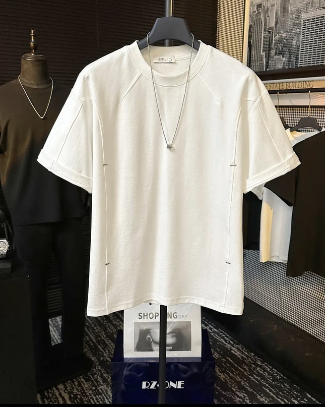High-end Stitching Rivet Design Round Neck Short Sleeve