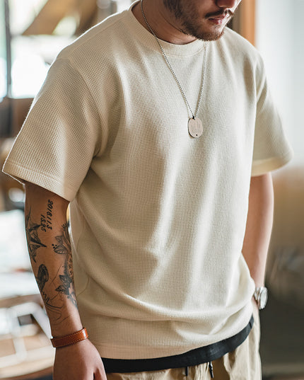 Waffle Round Neck Knitted Short Sleeve T-shirt Half Sleeve Bottoming Shirt