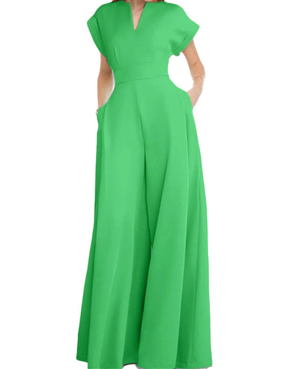 Women's Elegant Solid Color And V-neck Sleeveless Waist Wide-leg Jumpsuit