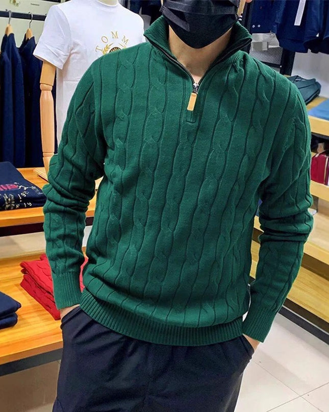 Long Sleeve Pullover Half Zipper Twisted Casual Solid Color Men's Sweater