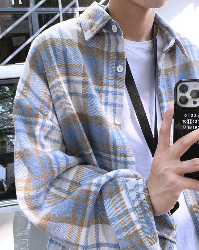 Early Autumn Long Sleeves Woolen Plaid Shirt For Men