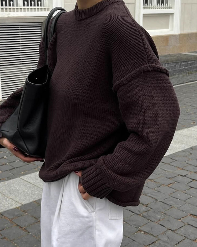 Round Neck Reverse Sweater Solid Color Casual Knitted Top
