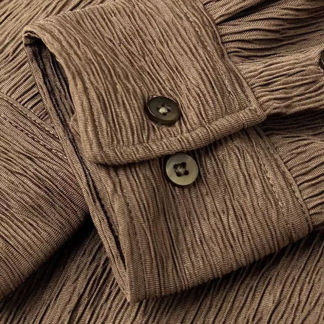 High-grade Cuban Collar Pleated Shirt Men's Long Sleeve