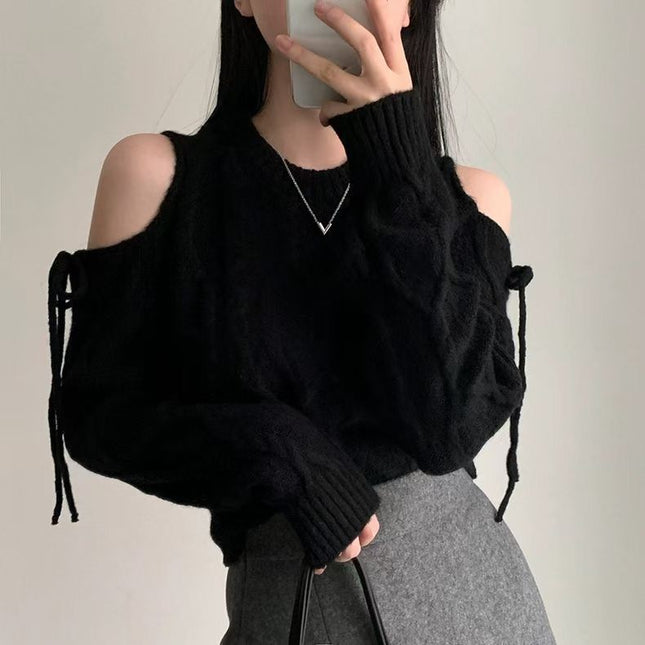 Round Neck Hollow Out Shoulder-baring Lace-up Loose All-match Long-sleeved Sweater Sweater