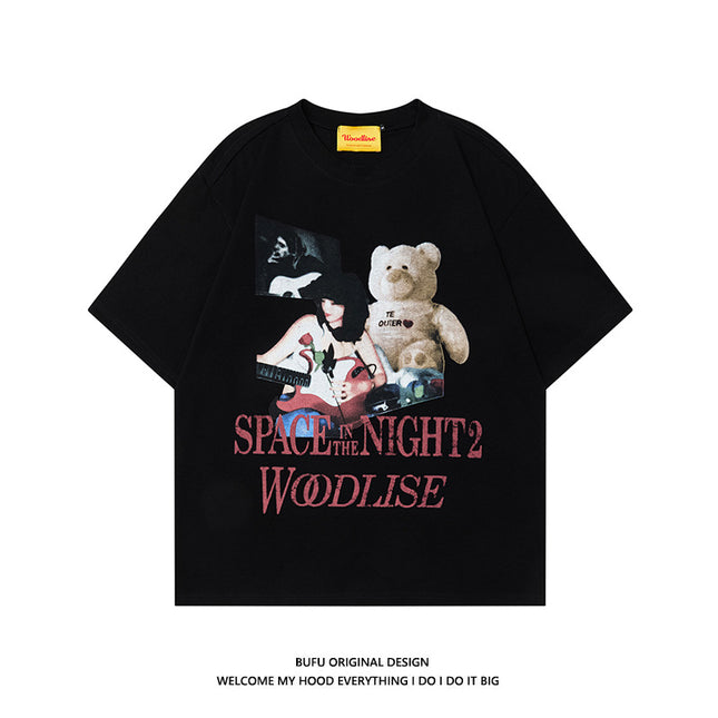 Retro Bear Printed Short-sleeved T-shirt New Loose Casual