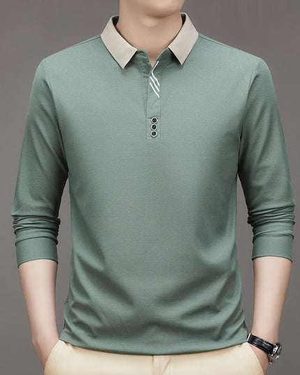 New Men's Autumn Business Fit Solid Color Polo Collar Bottoming Shirt