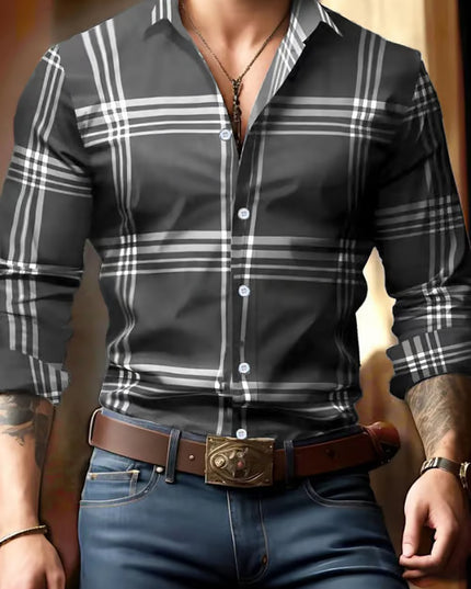 3D Digital Printing Striped Plaid Men's Long Sleeve Shirt