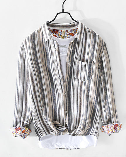 Spring And Summer New Men's Casual Linen Striped Shirt