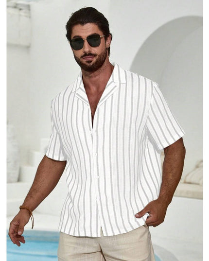 Geometric Contrast Color Striped 3D Digital Printing Short Sleeve Shirt
